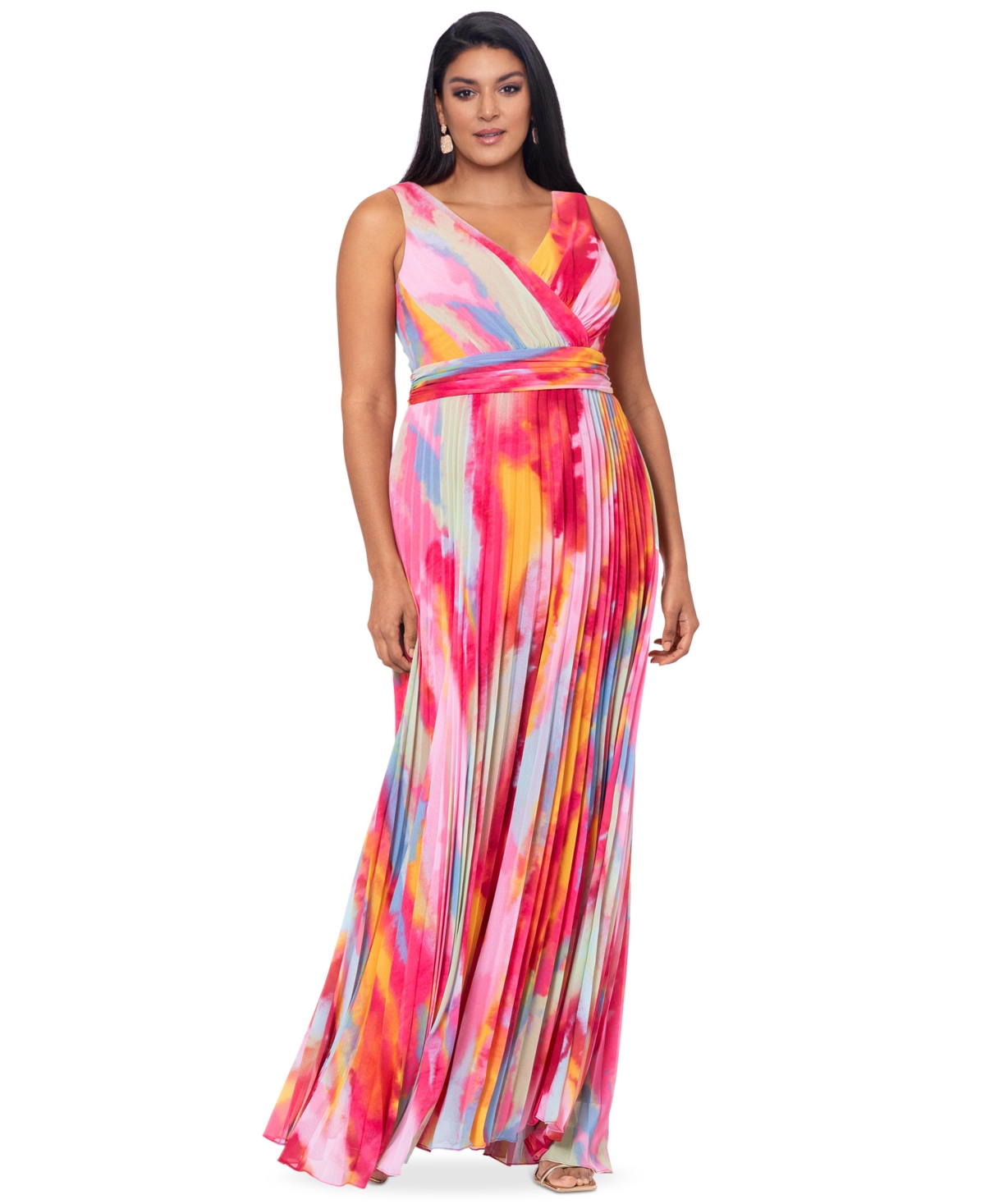 Xscape Plus Size Printed V-neck Ruched-waist Pleated Gown In Fuschia Multi