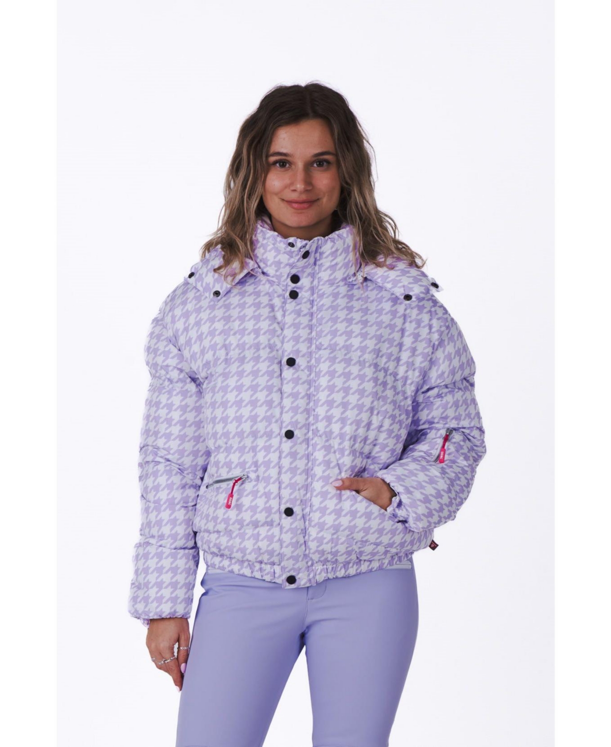 Women's Purple Houndstooth Chic Puffer Jacket - Purple