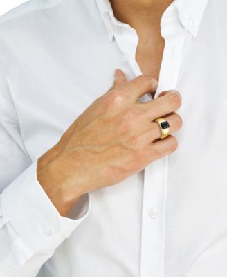 EFFY&reg; Men's Onyx & Black Diamond (1/20 ct. t.w.) Halo Ring in 14k Gold