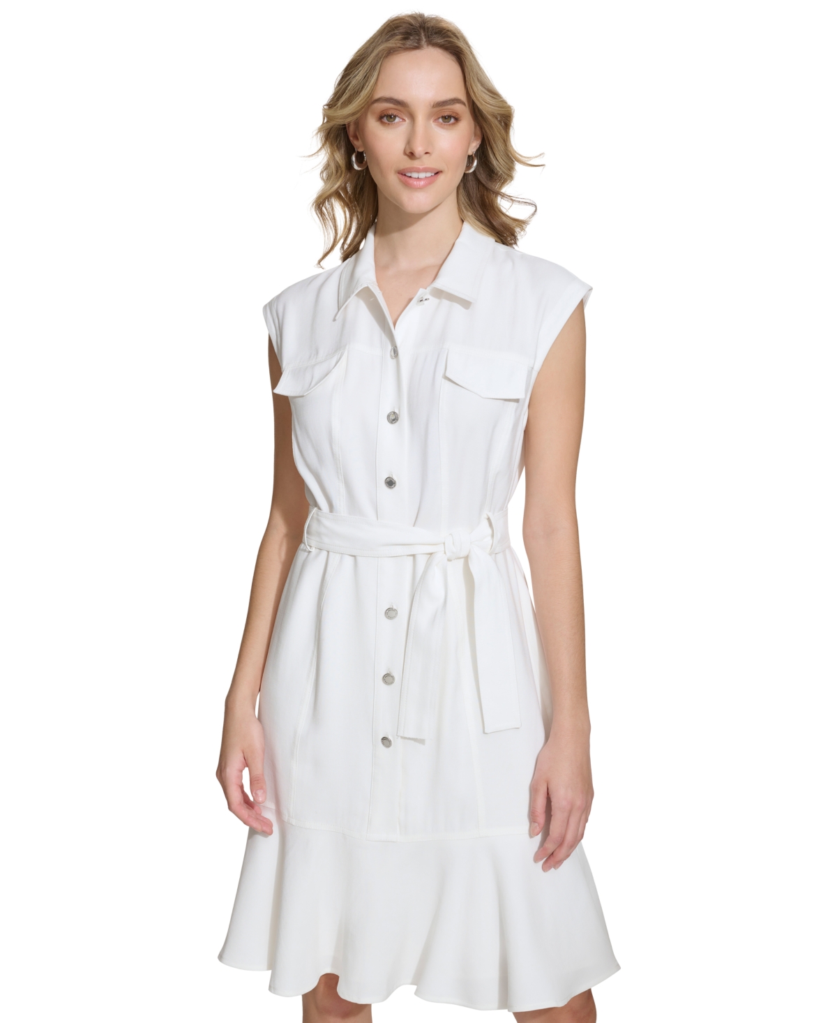 Shop Calvin Klein Women's Sleeveless Belted Shirtdress In Soft White