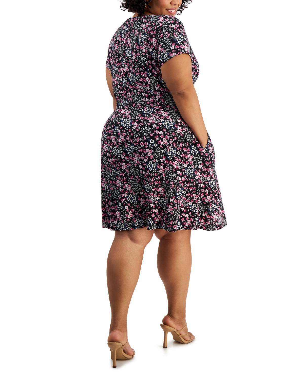 Shop Connected Plus Size Printed Fit & Flare Short-sleeve Dress In Berry