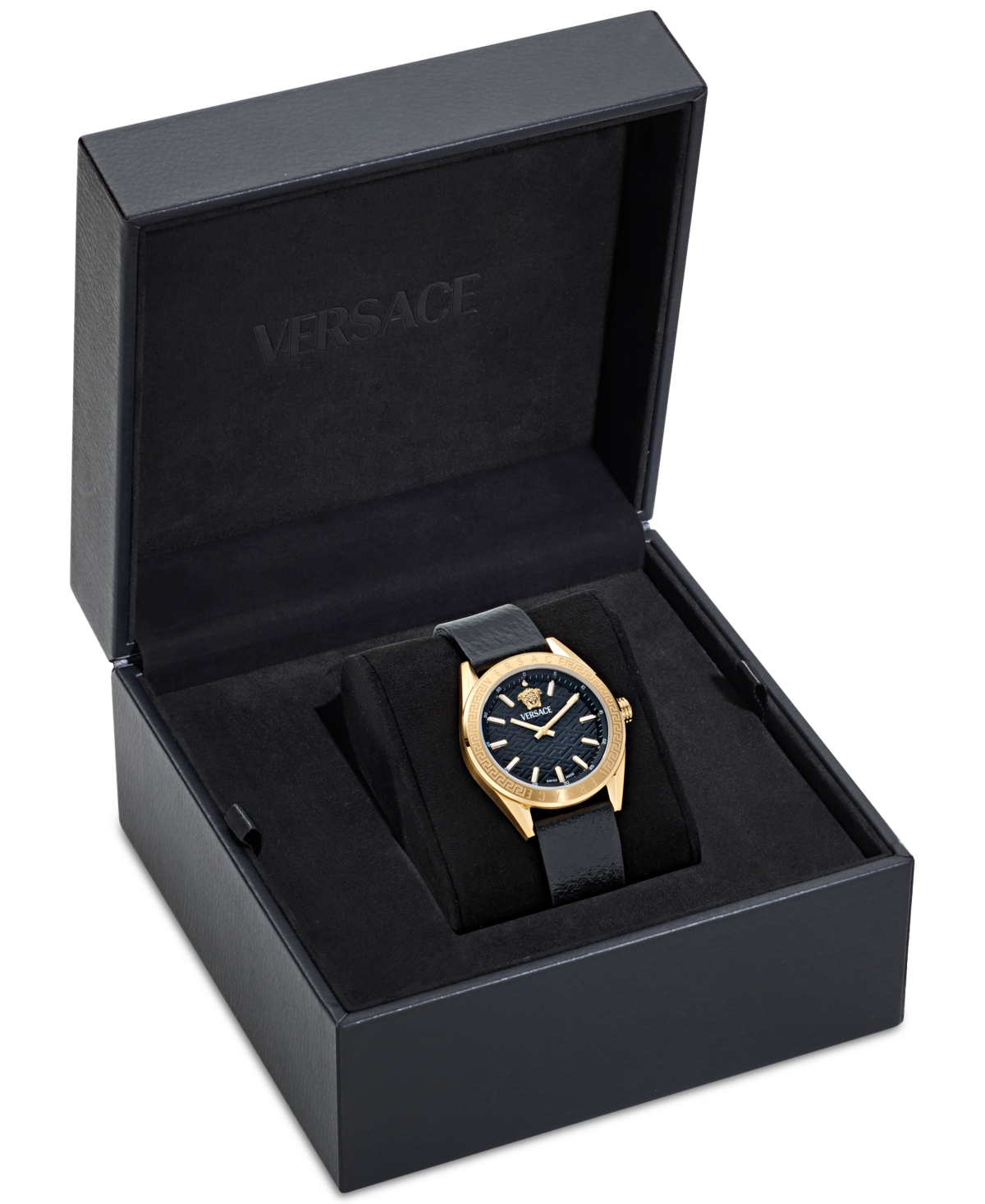 Shop Versace Women's Swiss Black Leather Strap Watch 36mm In Gold