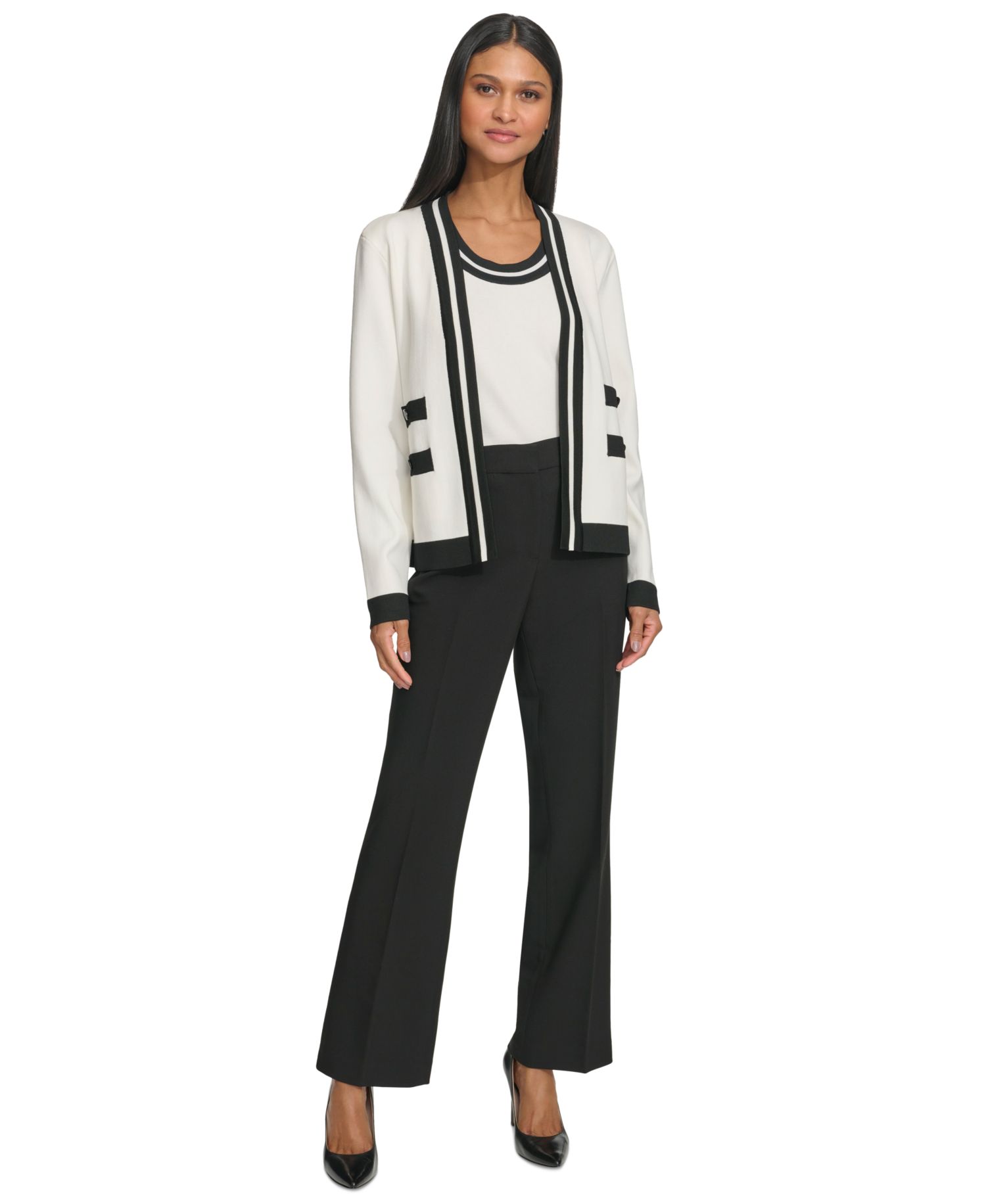 Petite Open-Front Long-Sleeve Knit Cardigan with Contrast Trim