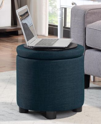 15.75" Faux Linen Round Storage Ottoman with Tray Lid