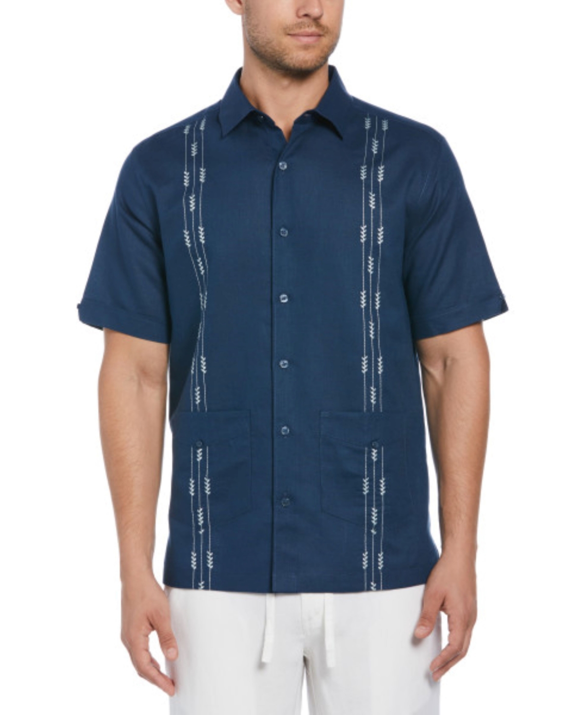 Men's Short Sleeve Leaf Linen Blend Embroidered Guayabera Button-Front Shirt - Titan