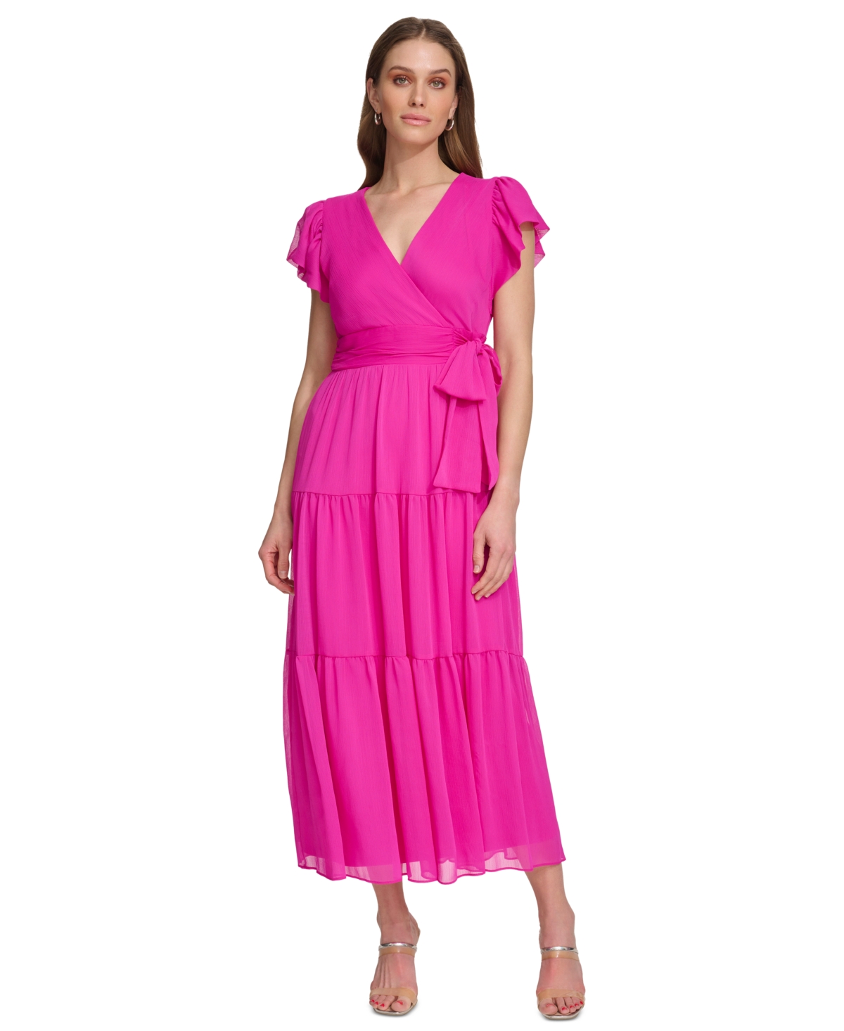 Women's Faux-Wrap Cap-Sleeve Tiered Midi Dress - Power Pink