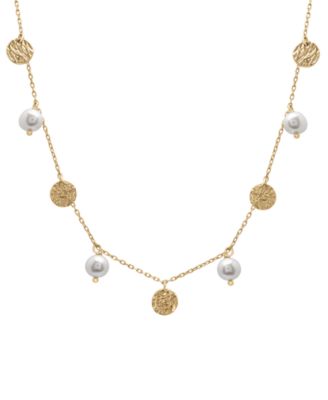 Macy's - Cultured Freshwater Pearl (6-7mm) & Textured Disc Dangle Collar Necklace in 14k Gold-Plated Sterling Silver, 16" + 2" extender