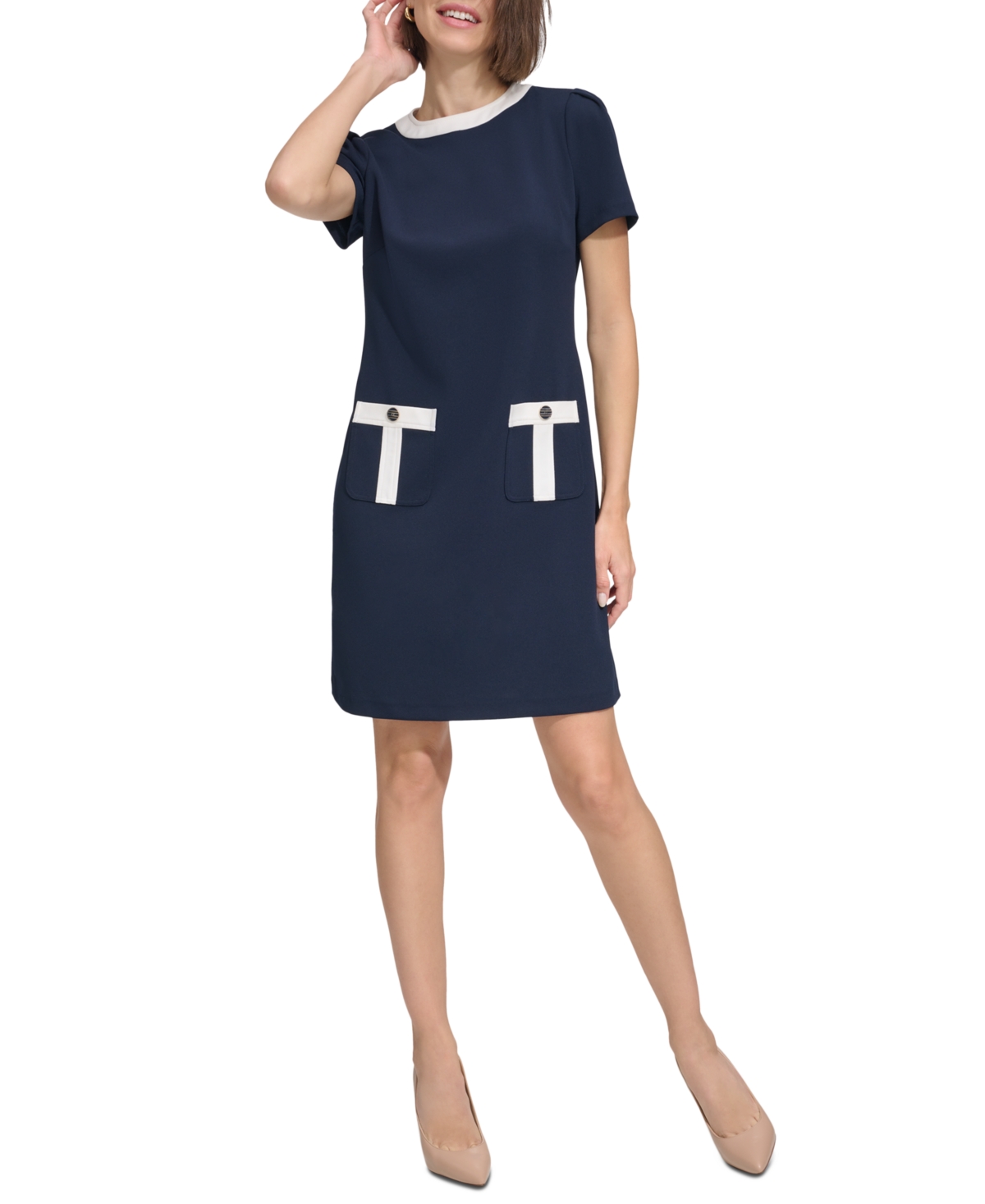 Tommy Hilfiger Women's Contrast-trim Scuba Crepe Shift Dress In Sky Capt,i