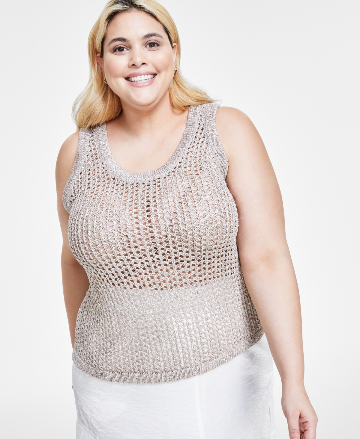Trendy Plus Size Open-Stitch Sleeveless Sweater, Created for Macy's - Silver Drop