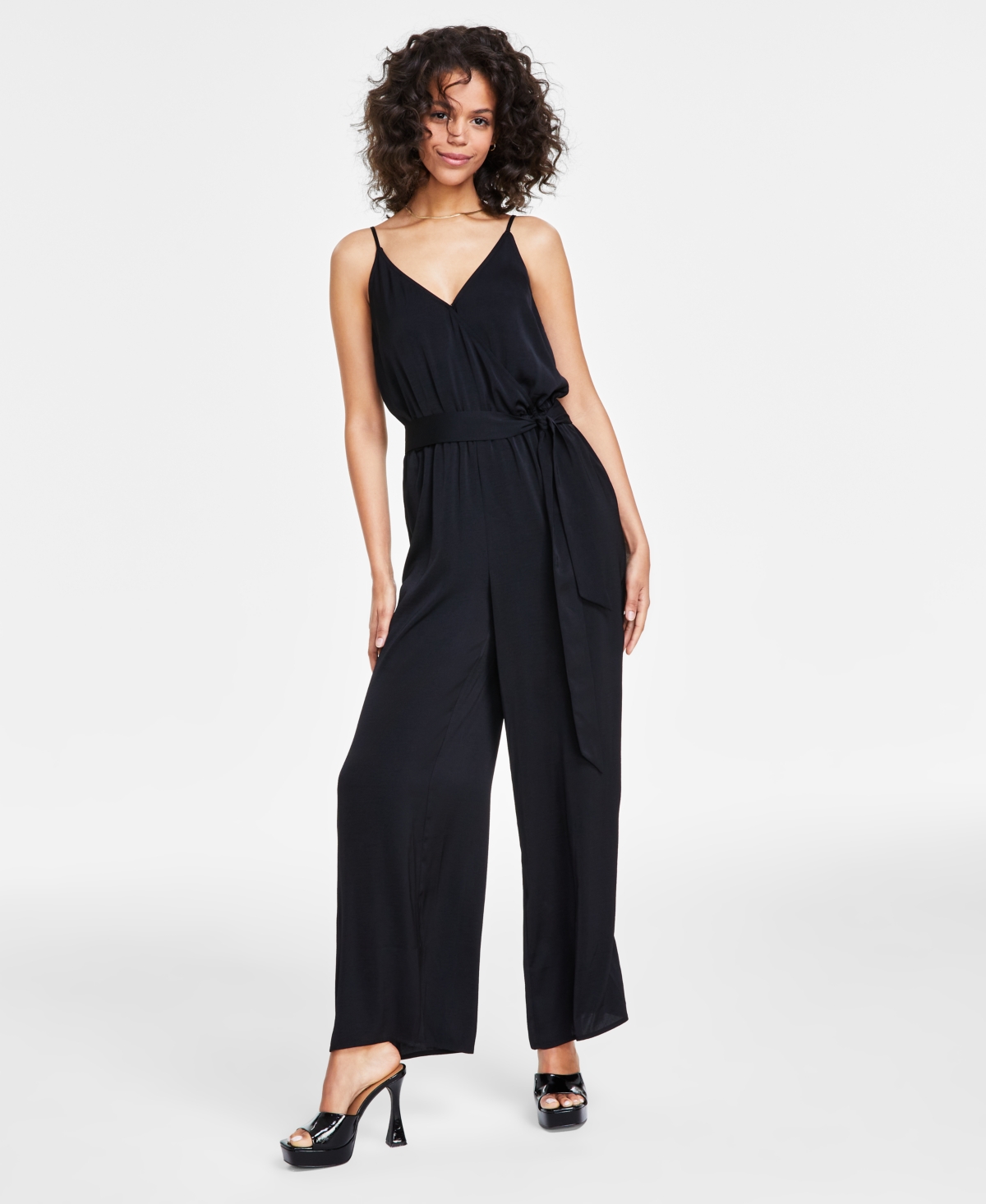 Shop Bar Iii Women's Trendy Tie-waist Wide-leg Adjustable-strap Jumpsuit, Xxs-4x, Created For Macy's In Deep Black