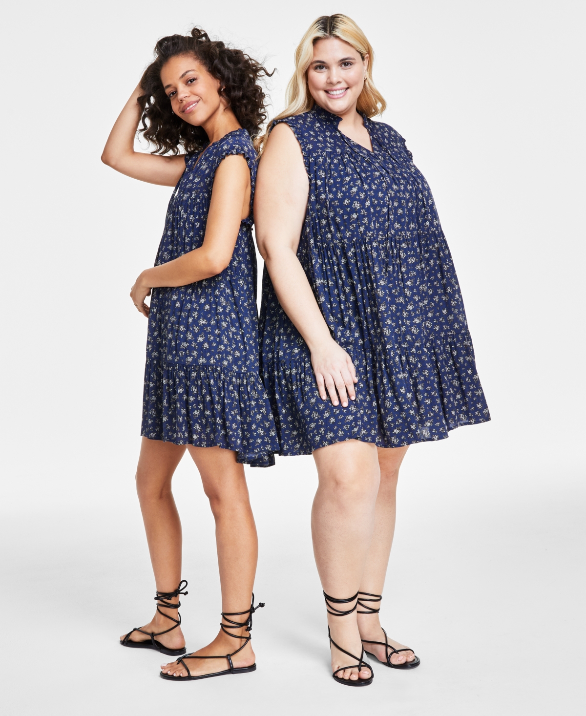 Shop And Now This Women's Sleeveless Tiered Dress, Xxs-4x, Created For Macy's In Navy Floral