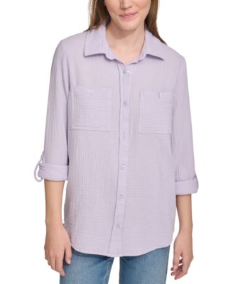 Calvin Klein Jeans Women's Double-Crepe Button-Down Roll-Tab