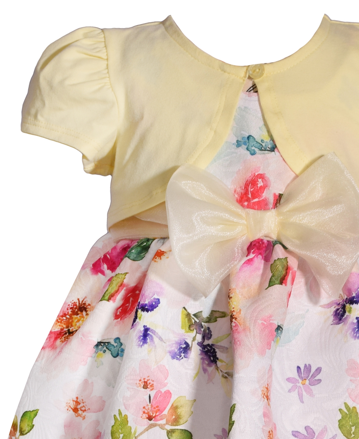 Shop Bonnie Baby Baby Girls Short Sleeved Cardigan Over Watercolor Jacquard Floral Dress In Yellow