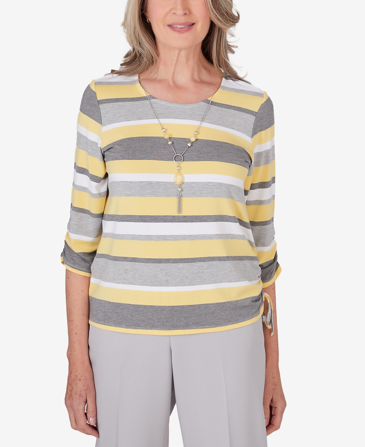 Shop Alfred Dunner Petite Charleston Striped Ruched Side Necklace Top In Multi