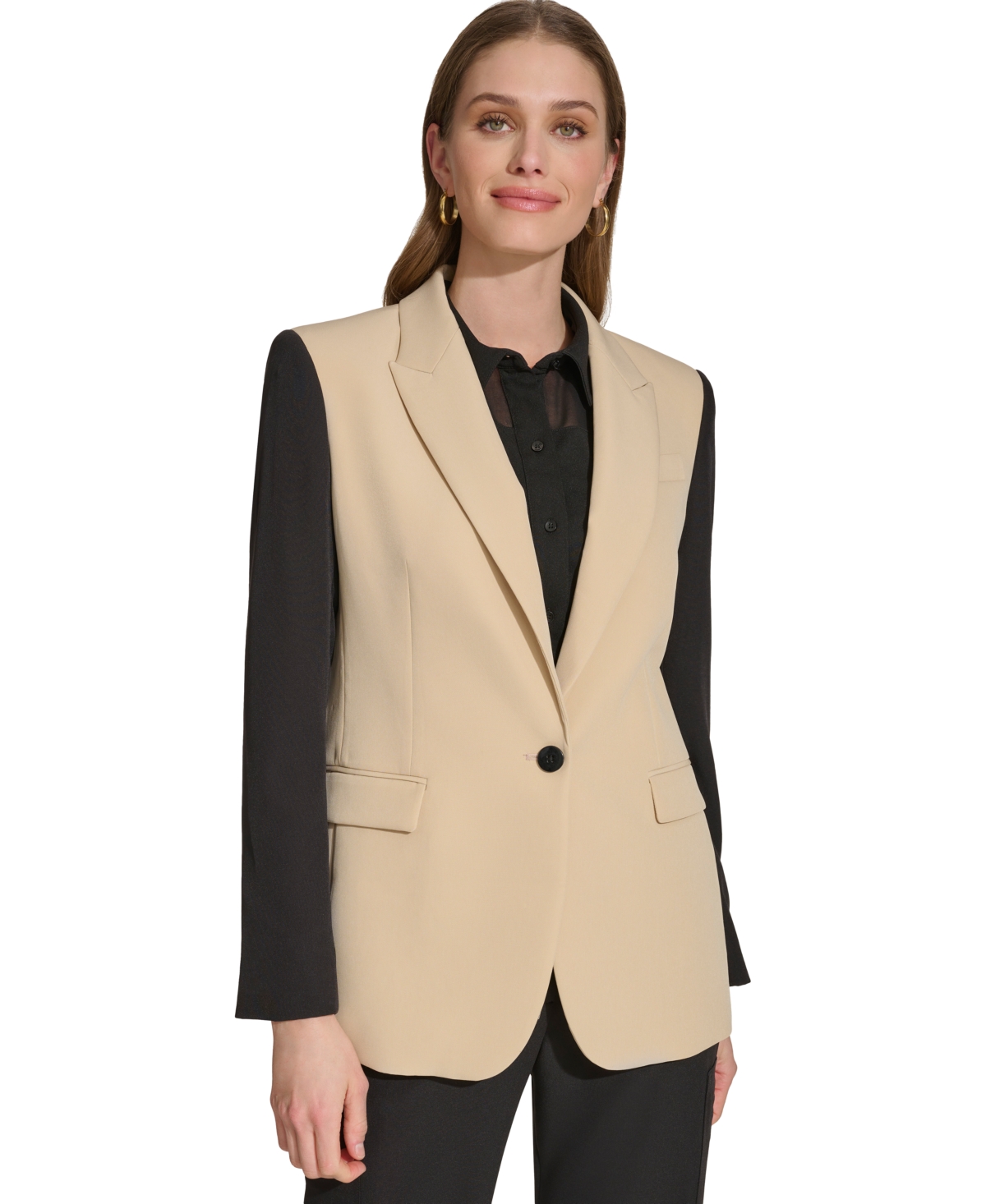 Shop Dkny Women's Colorblocked One-button Blazer In Sandalwood,black