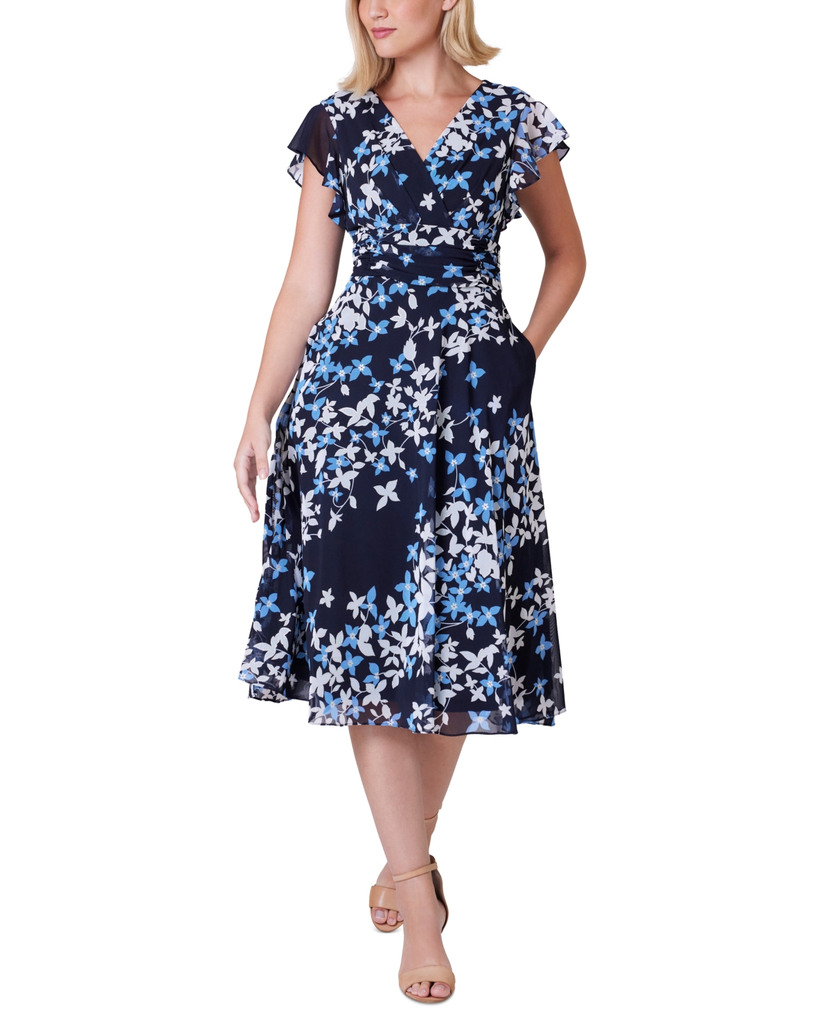 Jessica Howard Women's Floral-print Empire-waist Dress In Nvy Blue