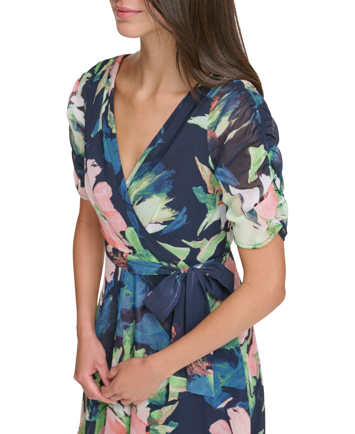 Shop Dkny Women's Floral Tie-waist Ruched-sleeve Dress In Navy Multi