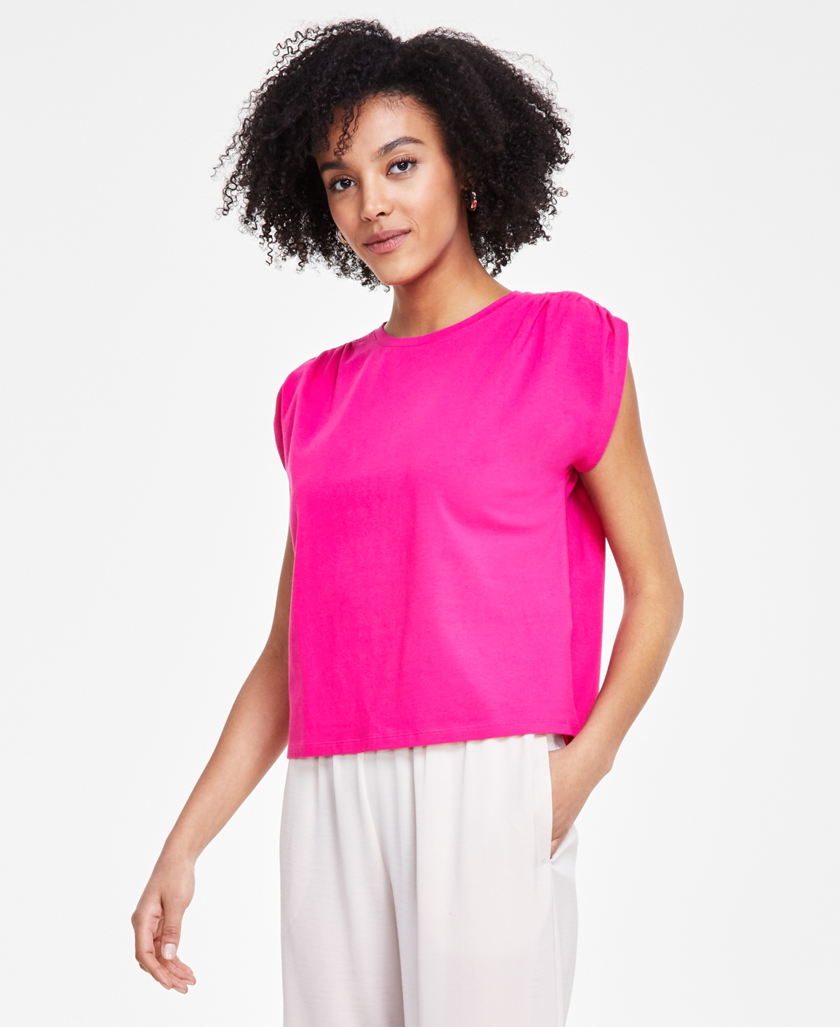 Shop Bar Iii Petite Ruched-shoulder Cap-sleeve Knit Top, Created For Macy's In Pink Peacock