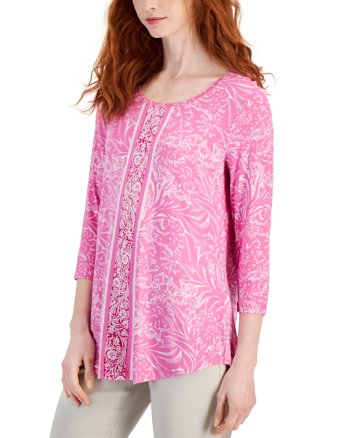Women's Printed 3/4-Sleeve Relaxed Knit Top, Created for Macy's - Bright Pink Combo