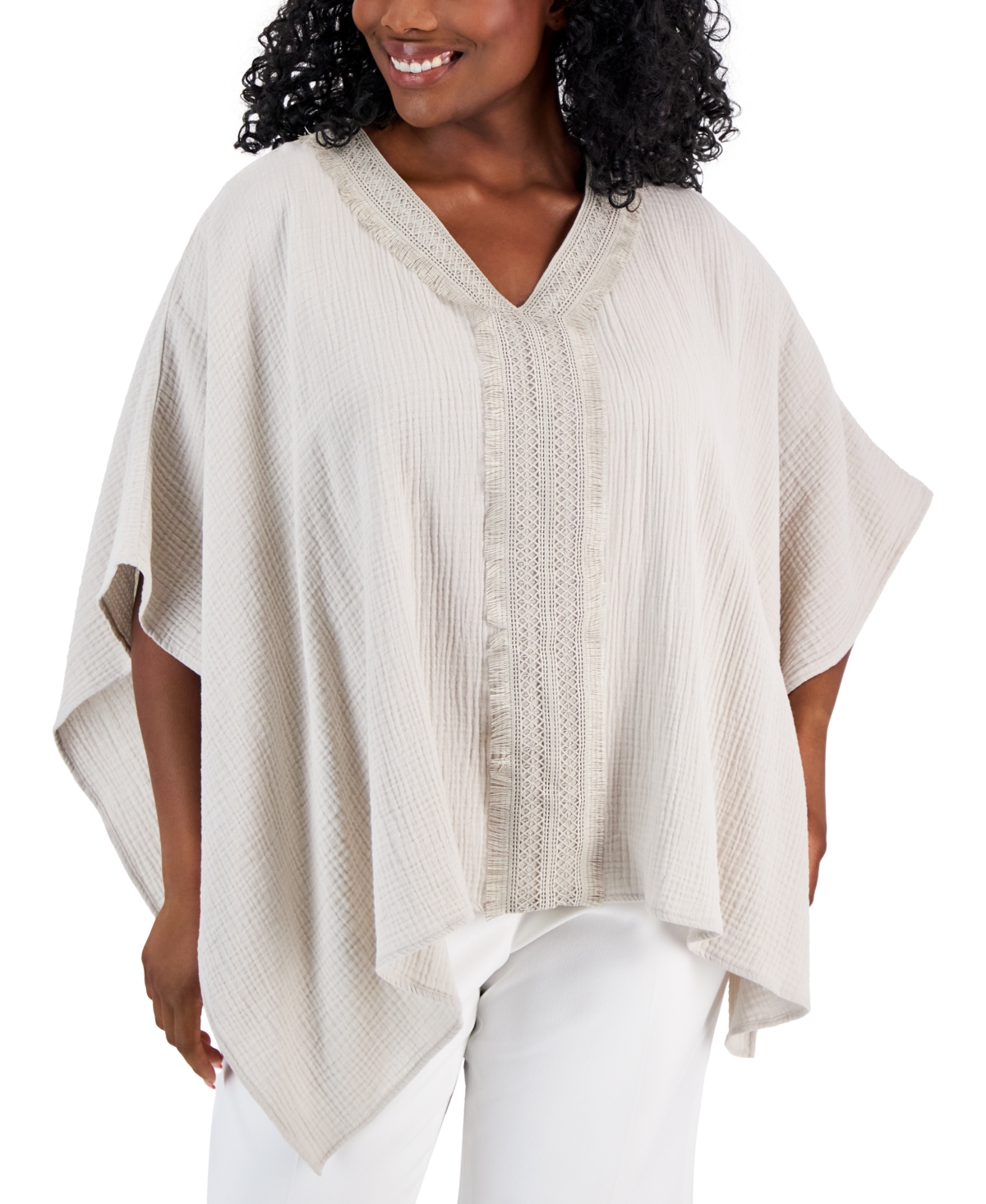 Shop Jm Collection Plus Size Lace-trim Textured Poncho, Created For Macy's In Stonewall
