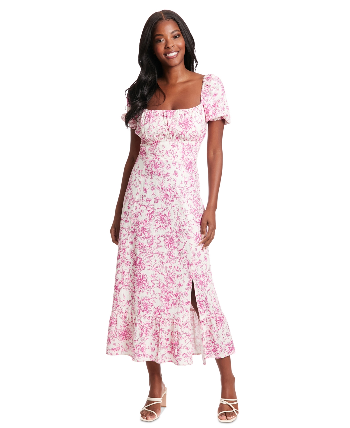 Women's Puff-Sleeve Ruched Smocked-Back Empire Midi Dress - Ivory/Pink