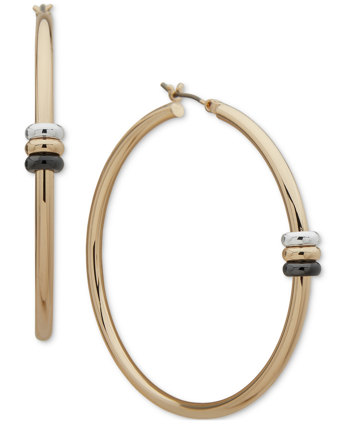 Tri-Tone Medium Rondelle Bead Hoop Earrings, 1.76" - Multi