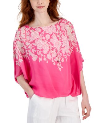 JM Collection - Women's Printed Poncho-Sleeve Necklace Top