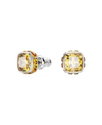 Rhodium Plated Square Cut Color Birthstone Stud Earrings