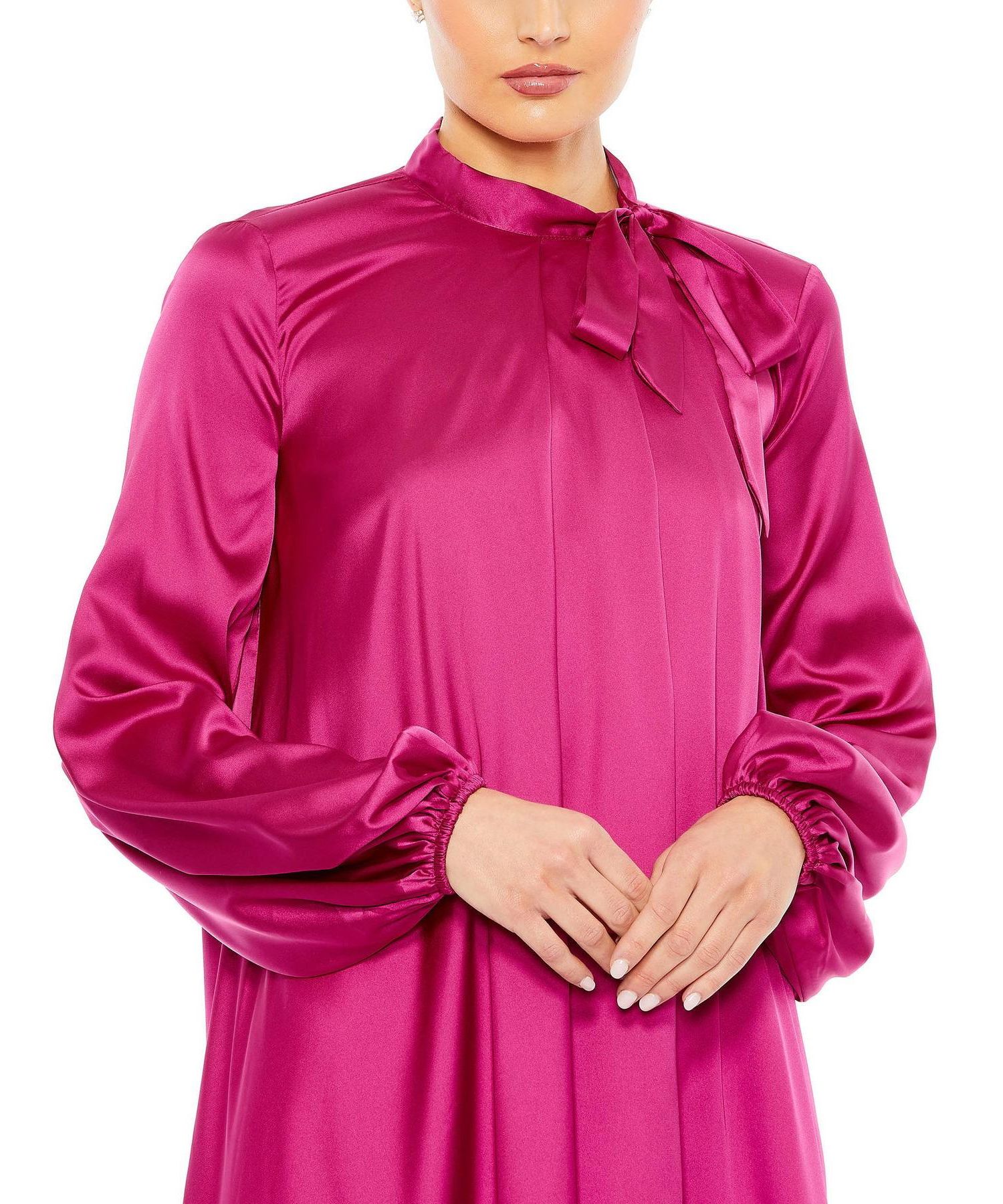 Women's Soft Tie High Neck Pull Sleeve Shirt Dress