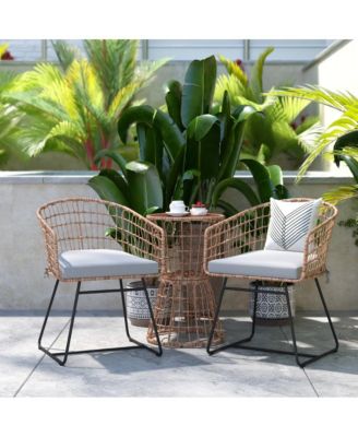 Ari Three Piece All-Weather Rattan Rope Patio Set With Acacia Wood Top Side Table And Two Chairs With Cushions