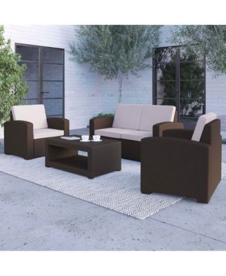 Ava 4 Piece Faux Rattan Patio Furniture Set With 2 Chairs And Love Seat With Removable Cushions And Table