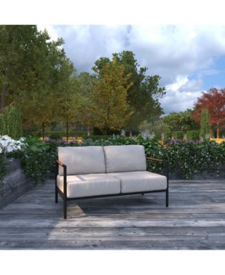 Eastport Outdoor Loveseat With Removable Plush Fabric Cushions And Teak Accented Aluminum Frame