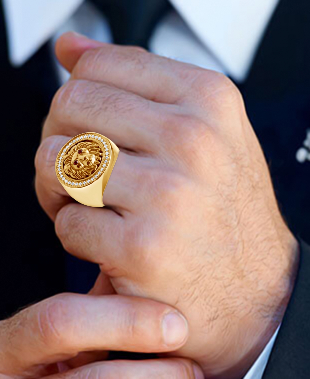 Blackjack Men's Cubic Zirconia Lion Head Halo Ring in Gold-Tone Ion-Plated Stainless Steel - Gold-Tone