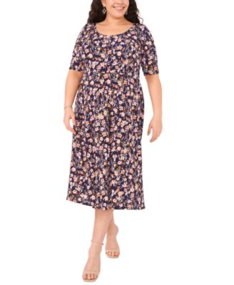 MSK - Plus Size Printed Scoop-Neck Elbow-Sleeve Midi Dress