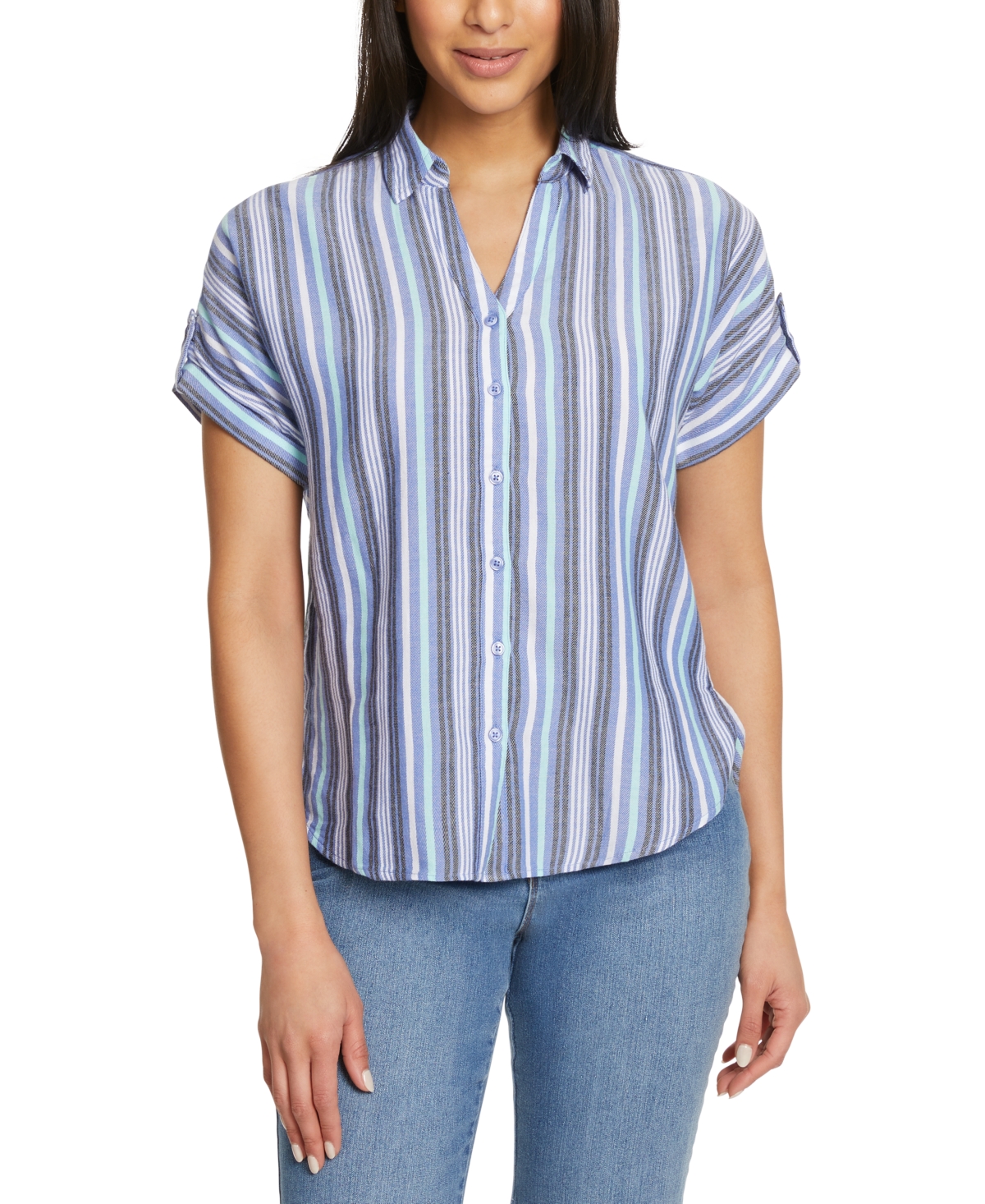 Gloria Vanderbilt Women's Demi Short-sleeve Button Front Shirt In Desert Bluebell Blue Track Stripe