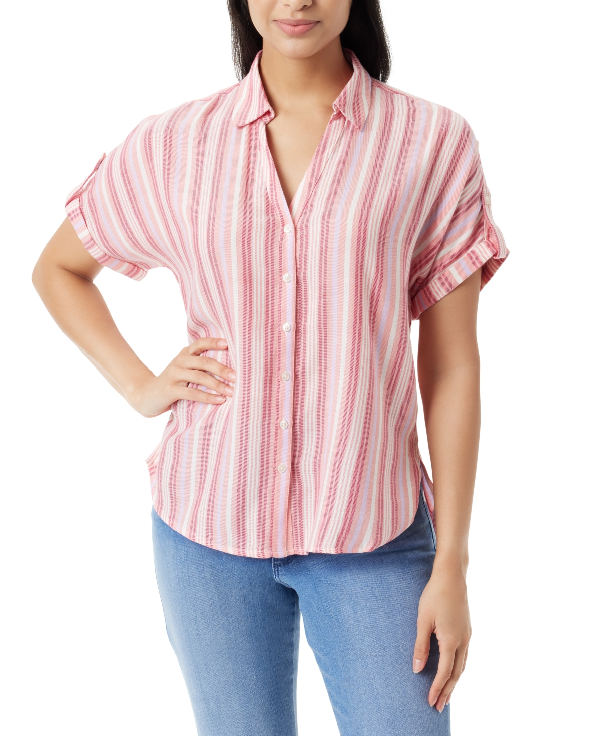 Gloria Vanderbilt Women's Demi Short-sleeve Button Front Shirt In Marjan Rose Pink Track Stripe