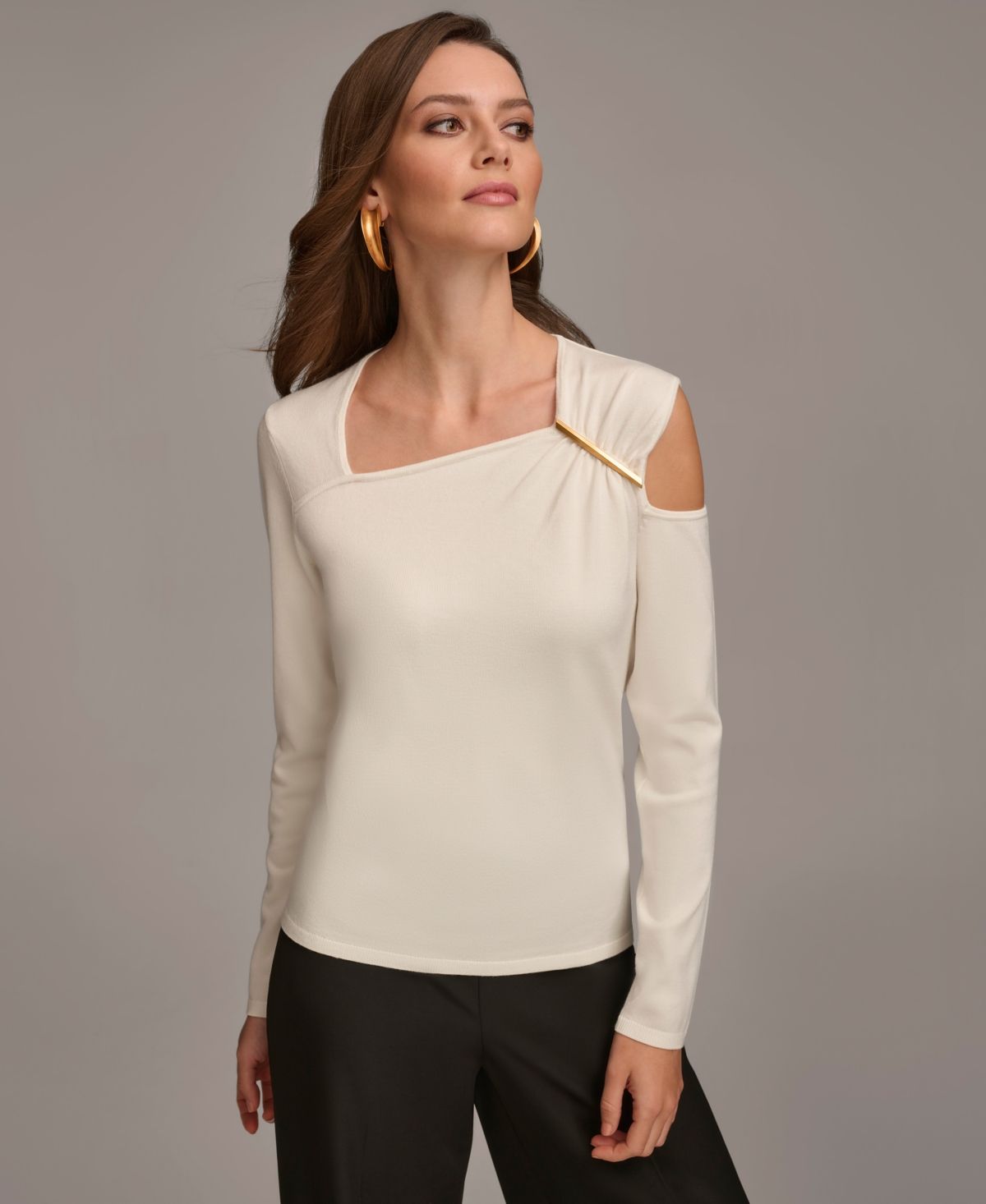 Donna Karan Women's Hardware-trim Cold-shoulder Sweater In Cream