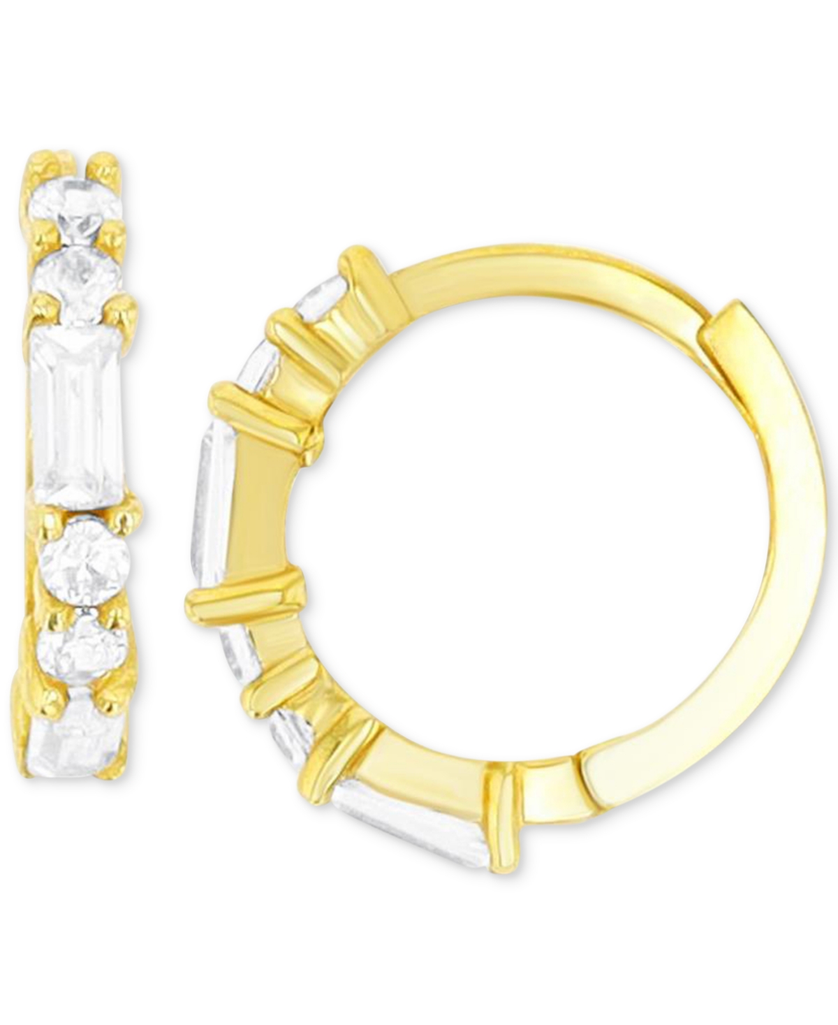 Macy's Cubic Zirconia Round & Baguette Extra Small Hoop Earrings In 14k Gold, 0.39"
