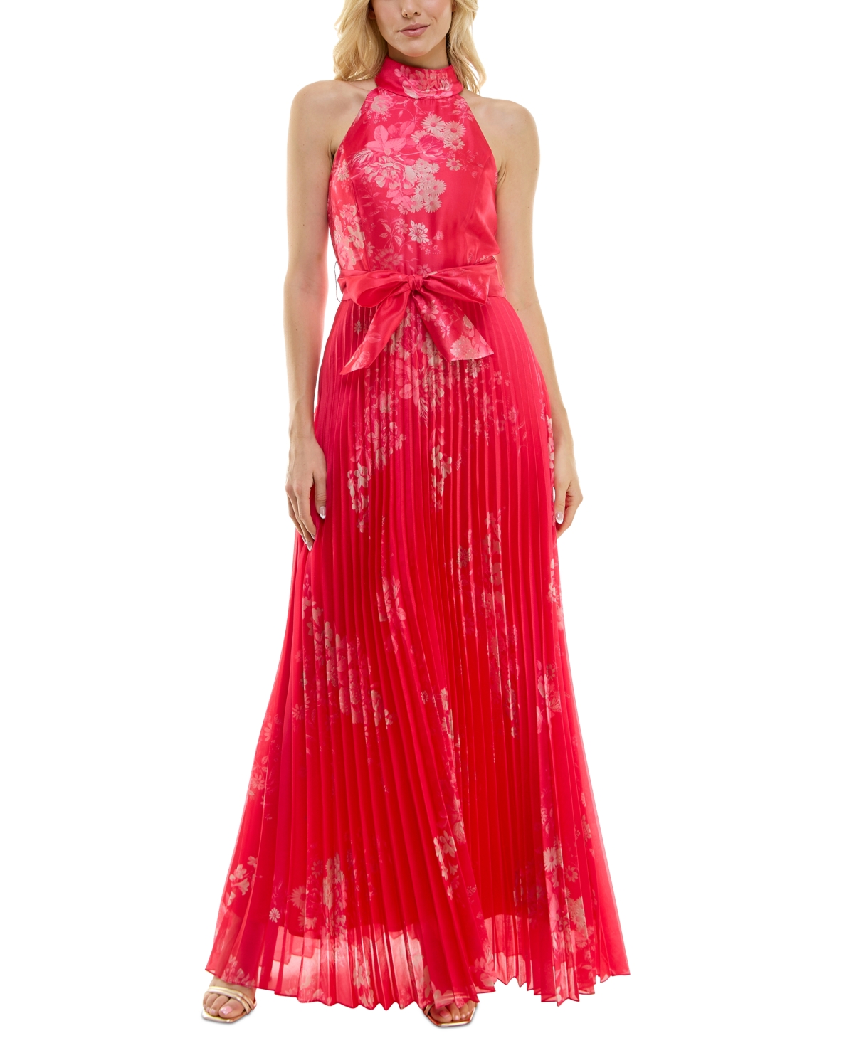 Women's Floral-Print Pleated Gown - Firey Rose