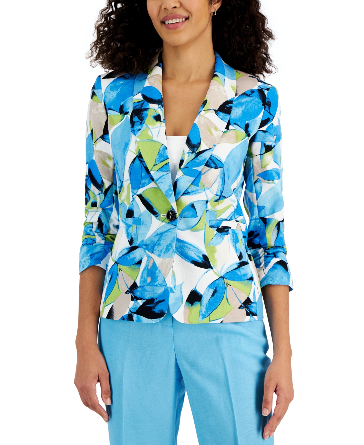 Shop Kasper Women's Linen-blend Shawl-collar Button-front Blazer In Riviera Multi