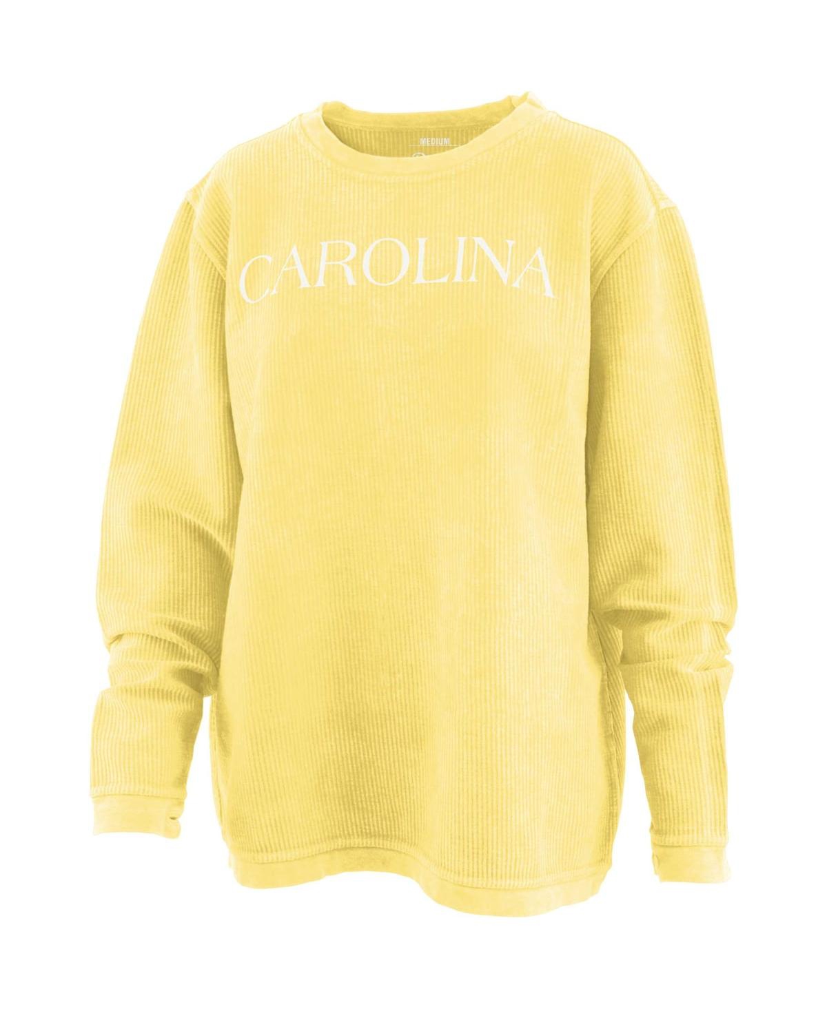 Shop Pressbox Women's  Yellow Distressed North Carolina Tar Heels Comfy Cord Bar Print Pullover Sweatshirt