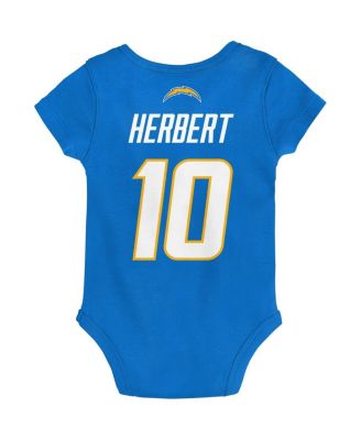 Baby Boys and Girls Justin Herbert Powder Blue Los Angeles Chargers Mainliner Player Name and Number Bodysuit