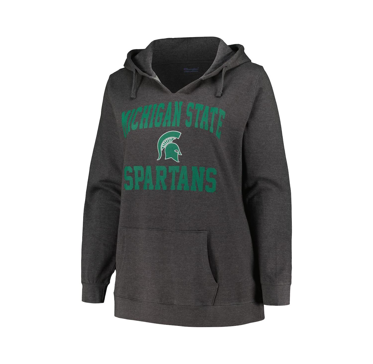Women's Heather Charcoal Michigan State Spartans Plus Size Heart & Soul Notch Neck Pullover Hoodie