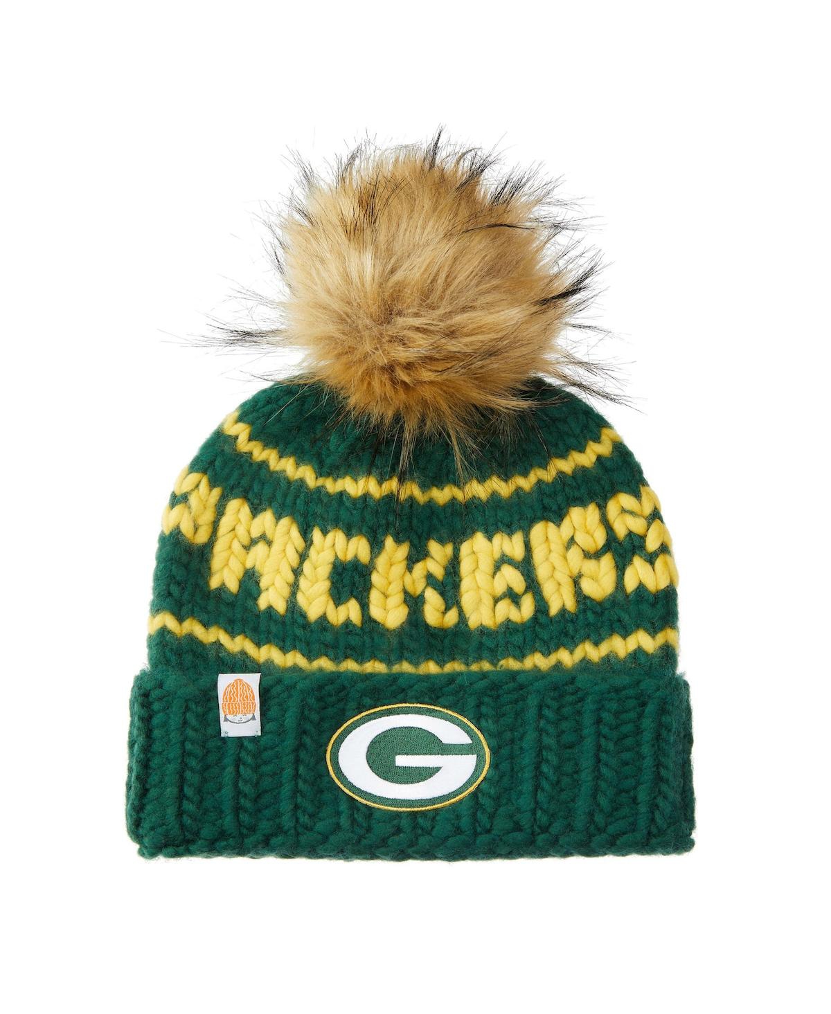 Sh*t That I Knit Women's Sh*t That I Knit Green Green Bay Packers Hand-Knit Brimmed Merino Wool Beanie with Faux Fur Pom Pom - Green
