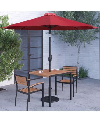 Hampstead Five Piece Faux Teak Patio Dining Set Includes Table, Two Club Chairs, 9' Patio Umbrella And Base