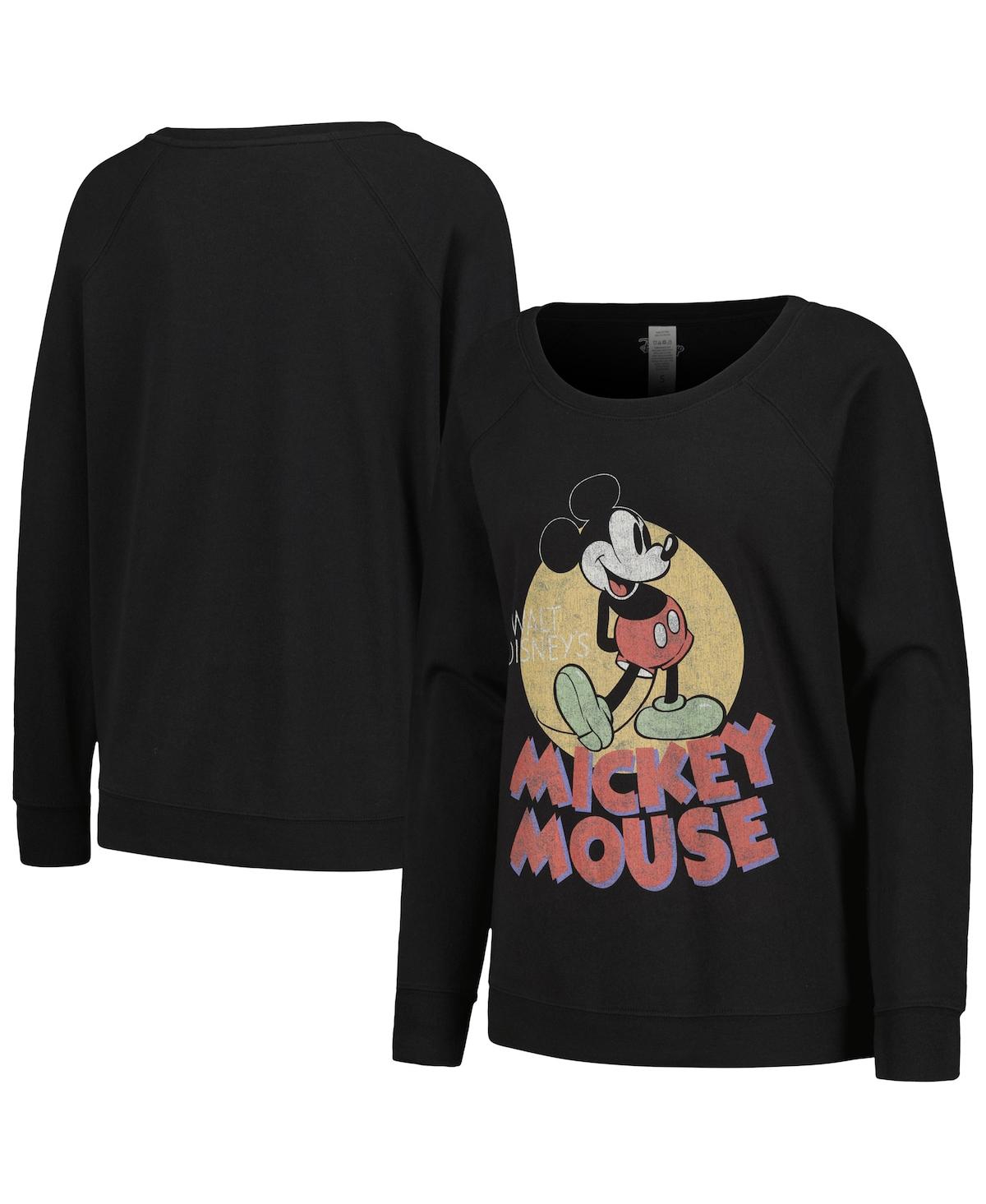 Women's Black Distressed Mickey and Friends Mickey Mouse Raglan Pullover Sweatshirt - Black