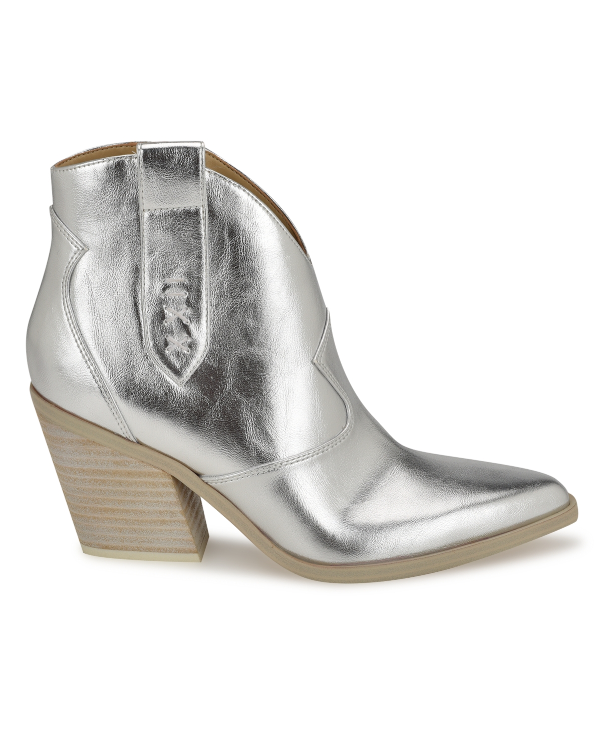Nine West Women's Fainay Block Heel Pointy Toe Western Booties - Silver Faux Leather-Polyurethane