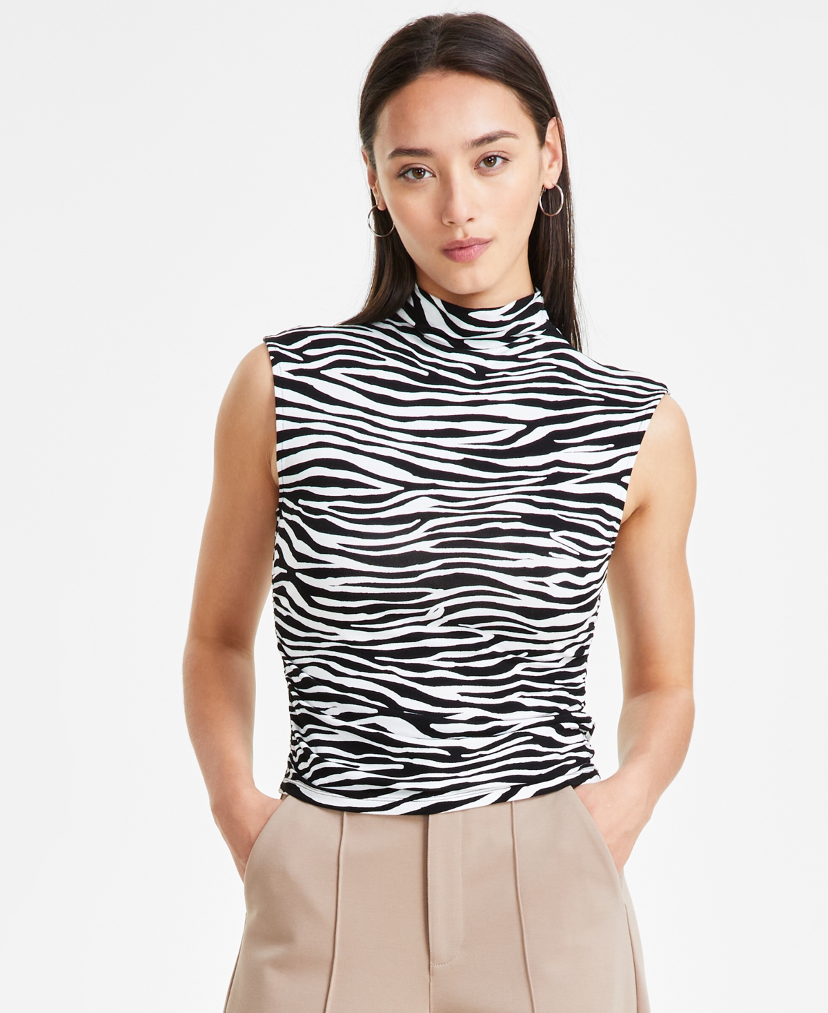 Shop Bar Iii Petite Animal-print Side-ruched Mock-neck Top, Created For Macy's In Sam Zebra
