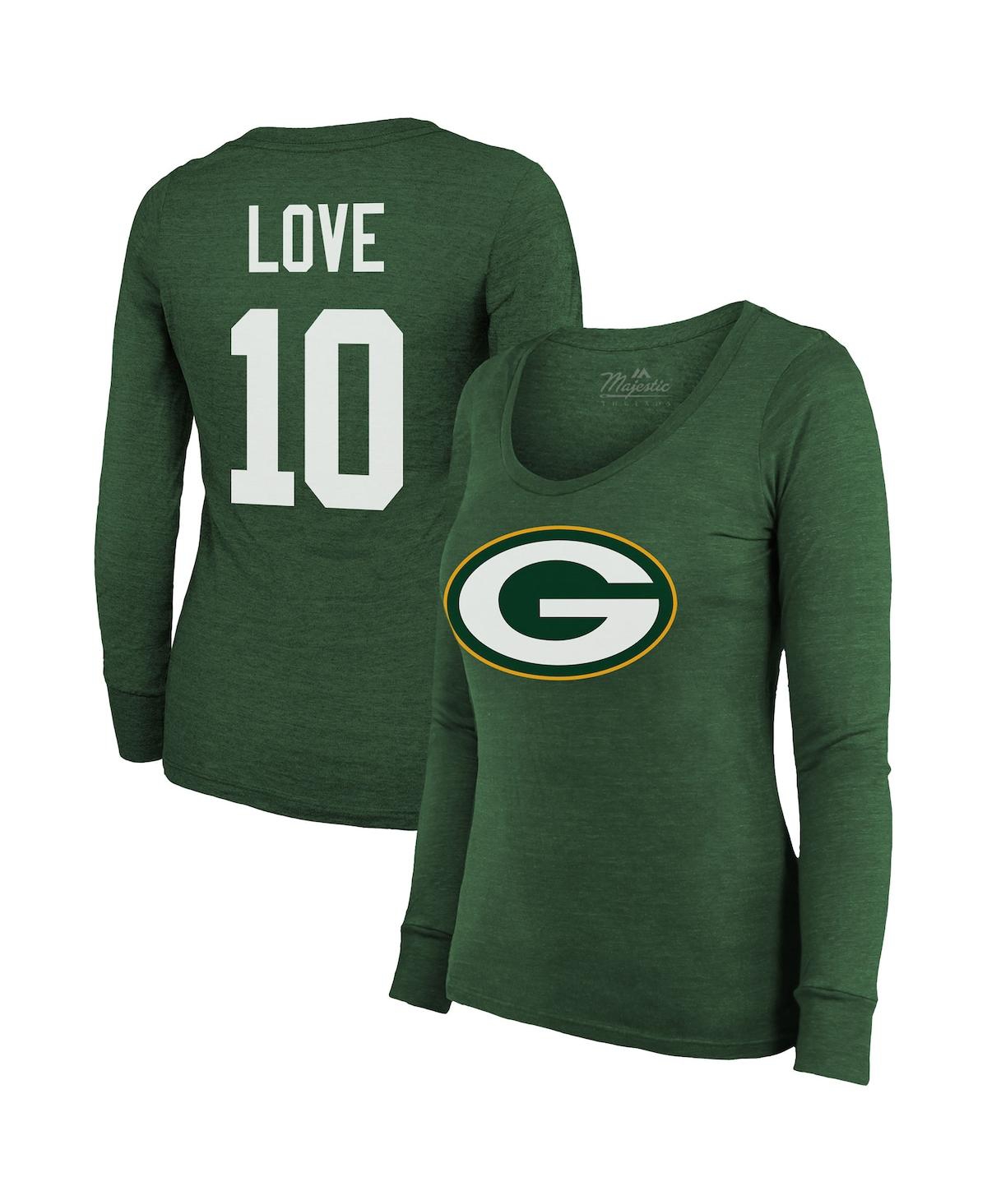 Women's Majestic Threads Jordan Love Green Green Bay Packers Name and Number Long Sleeve Scoop Neck Tri-Blend T-shirt - Green