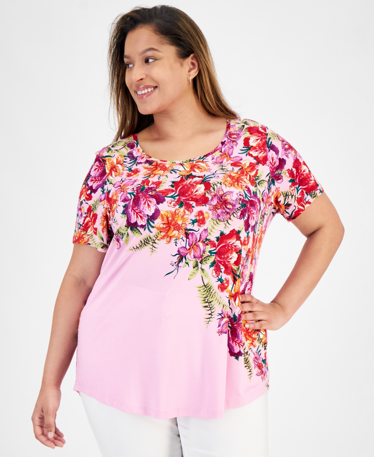 JM COLLECTION PLUS SIZE PARADISE GARDEN SHORT-SLEEVE TOP, CREATED FOR MACY'S 